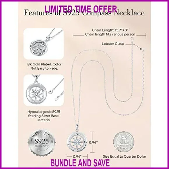 Sterling Silver Compass Necklace with Cubic Zirconia, Lobster Clasp